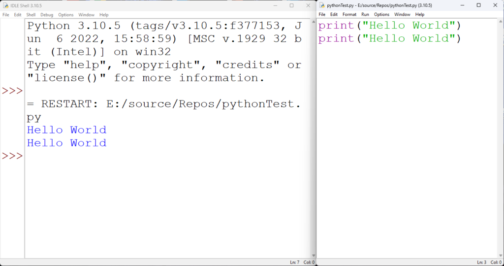 image of the hello world program written twice. Idle script window and shell window side by side