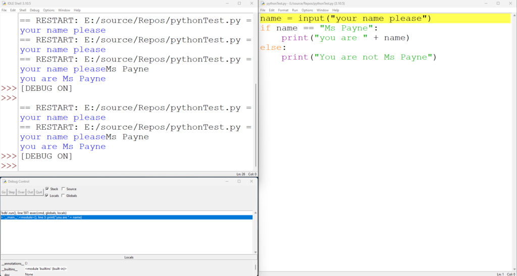 idle debugger showing the if statement in the debugger - Python Beginners - IDE Choice