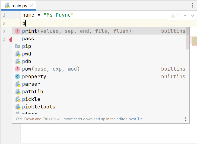 Image of Intellisense in PyCharm, stage 1 - Python Beginners - IDE Choice