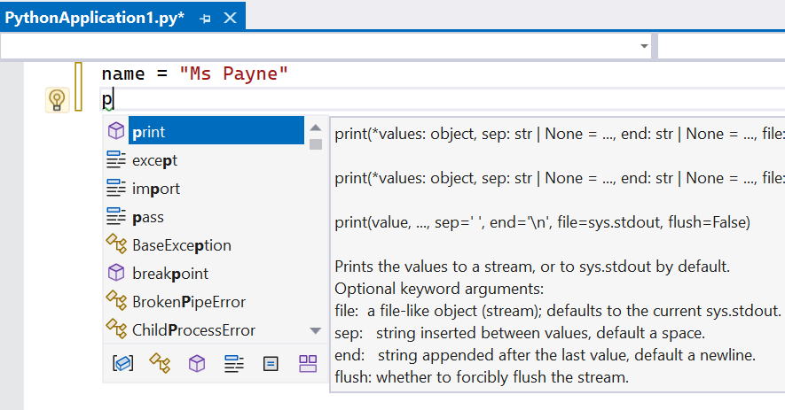 image of intellisense in visual studio with python stage 1