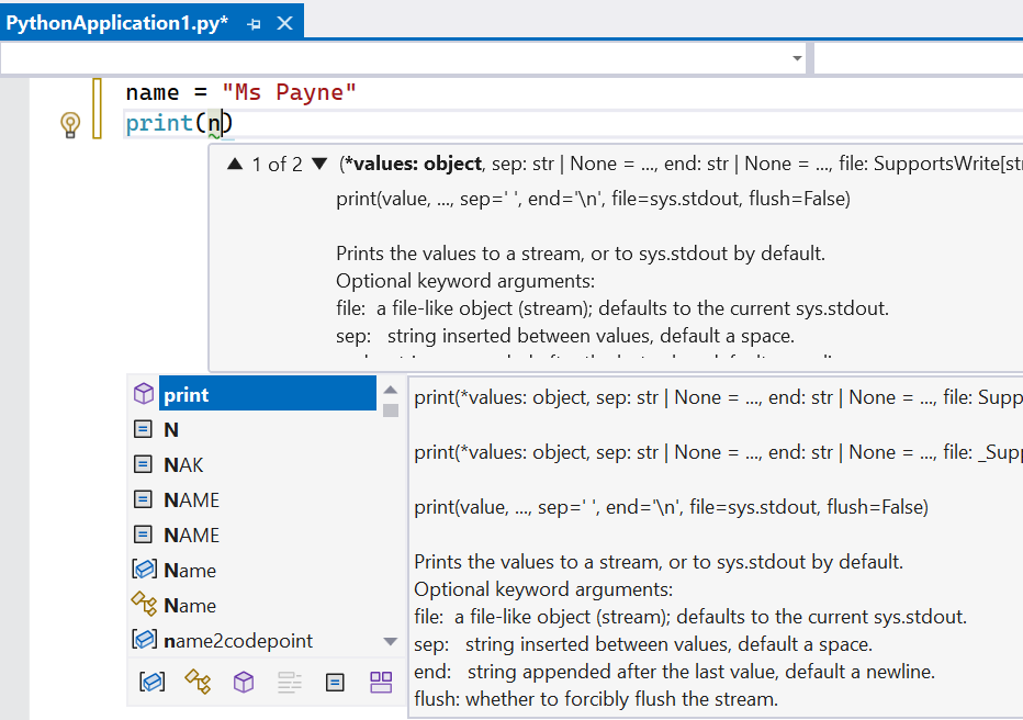image of intellisense in visual studio with python stage 3