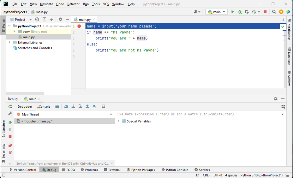 pycharm debugging python code with a breakpoint set and highlighted