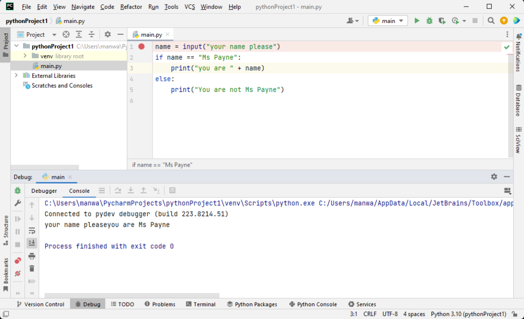 pycharm debugging python code showing the end of the debug process