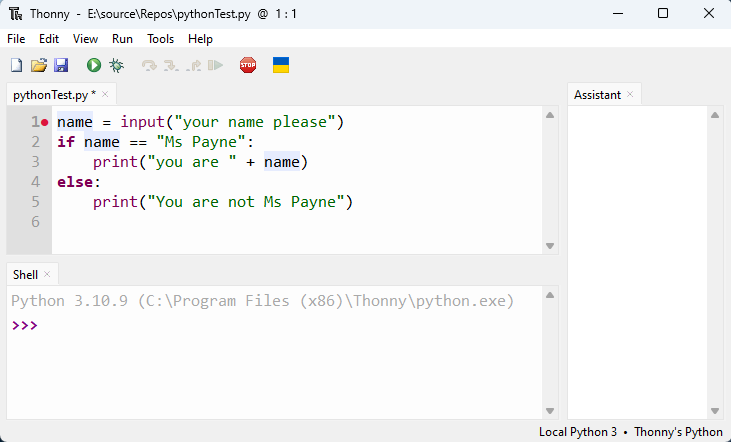 image of Thonny showing a break point on line 1 - Python Beginners - IDE Choice