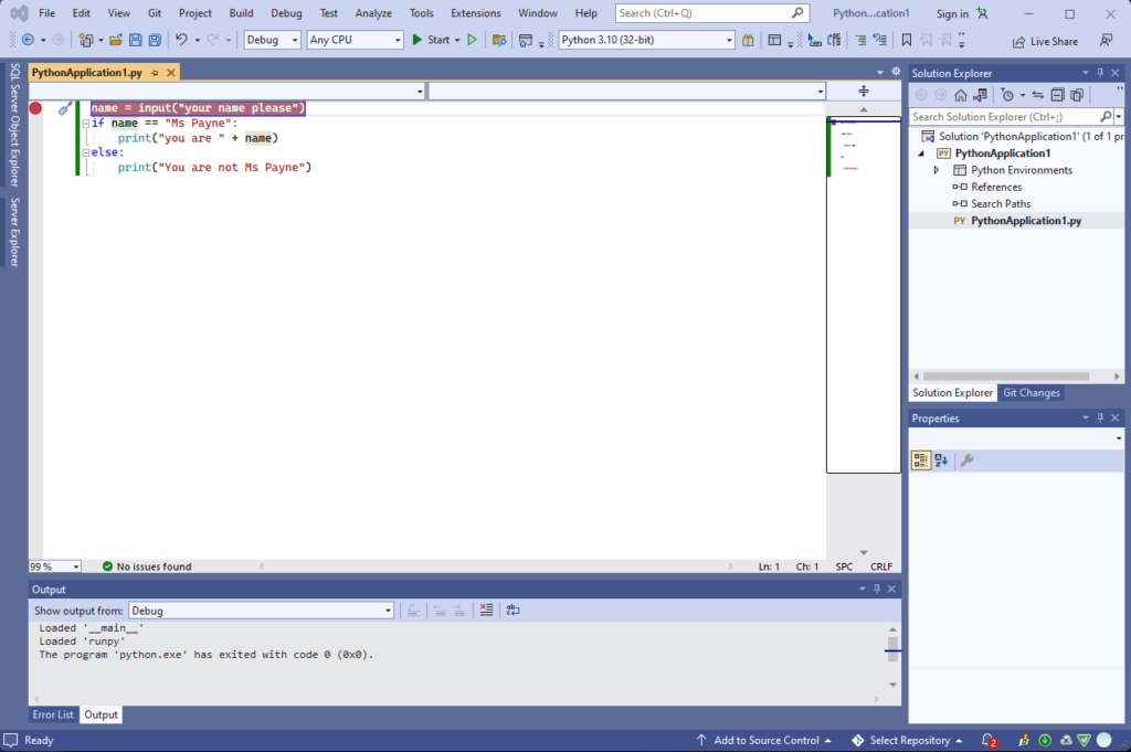 Visual Studio debugging Python code showing the break point set and highlighted