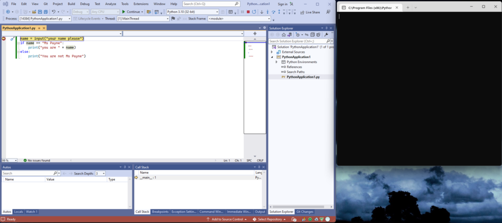 Visual Studio debugging Python code showing the start of the debug process with the console window open