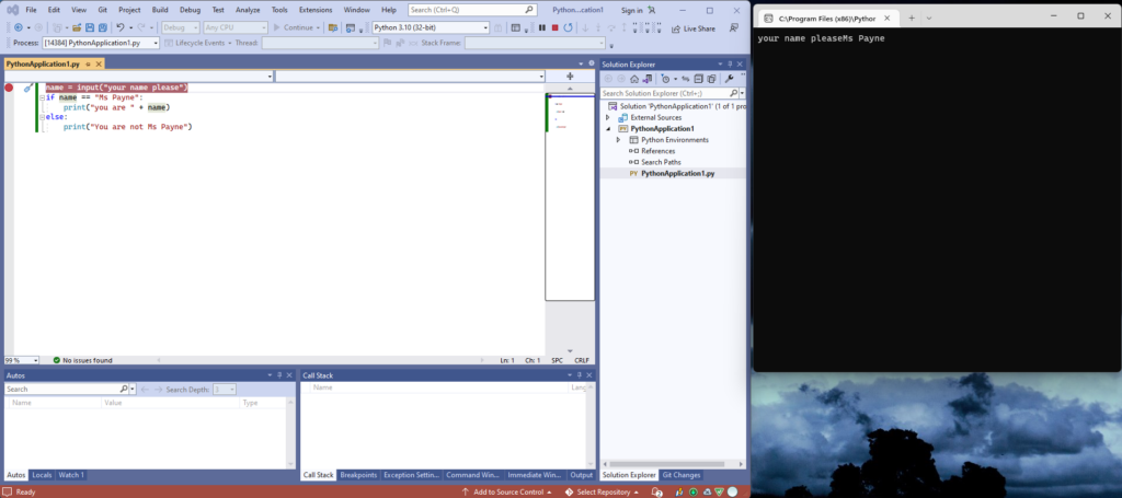 Visual Studio debugging Python code showing the input state inside the console window