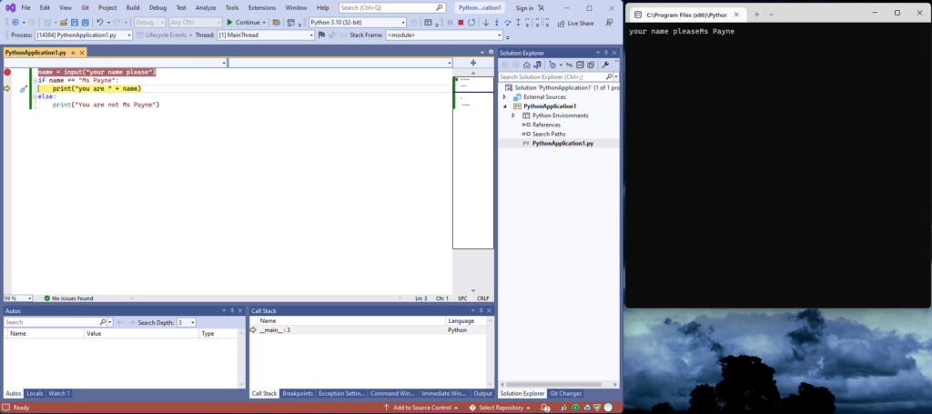 Visual Studio debugging Python code showing the print statement inside the else block highlighted