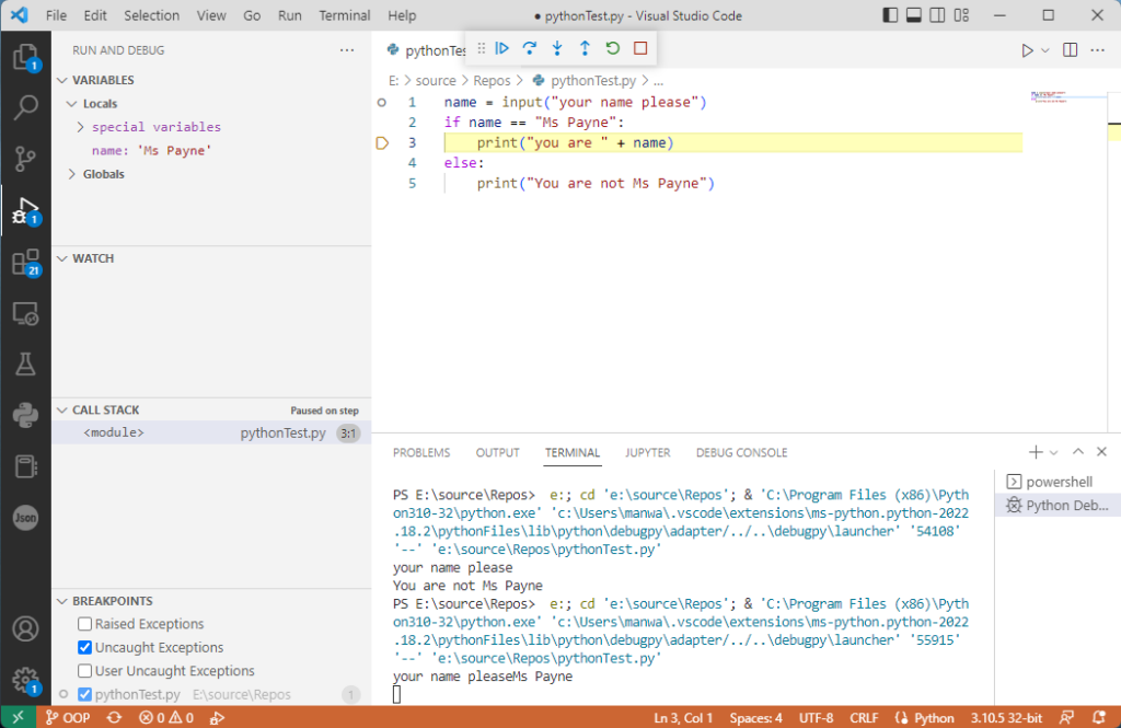 image of VsCode editing a ptyon program highlighting the first debug line